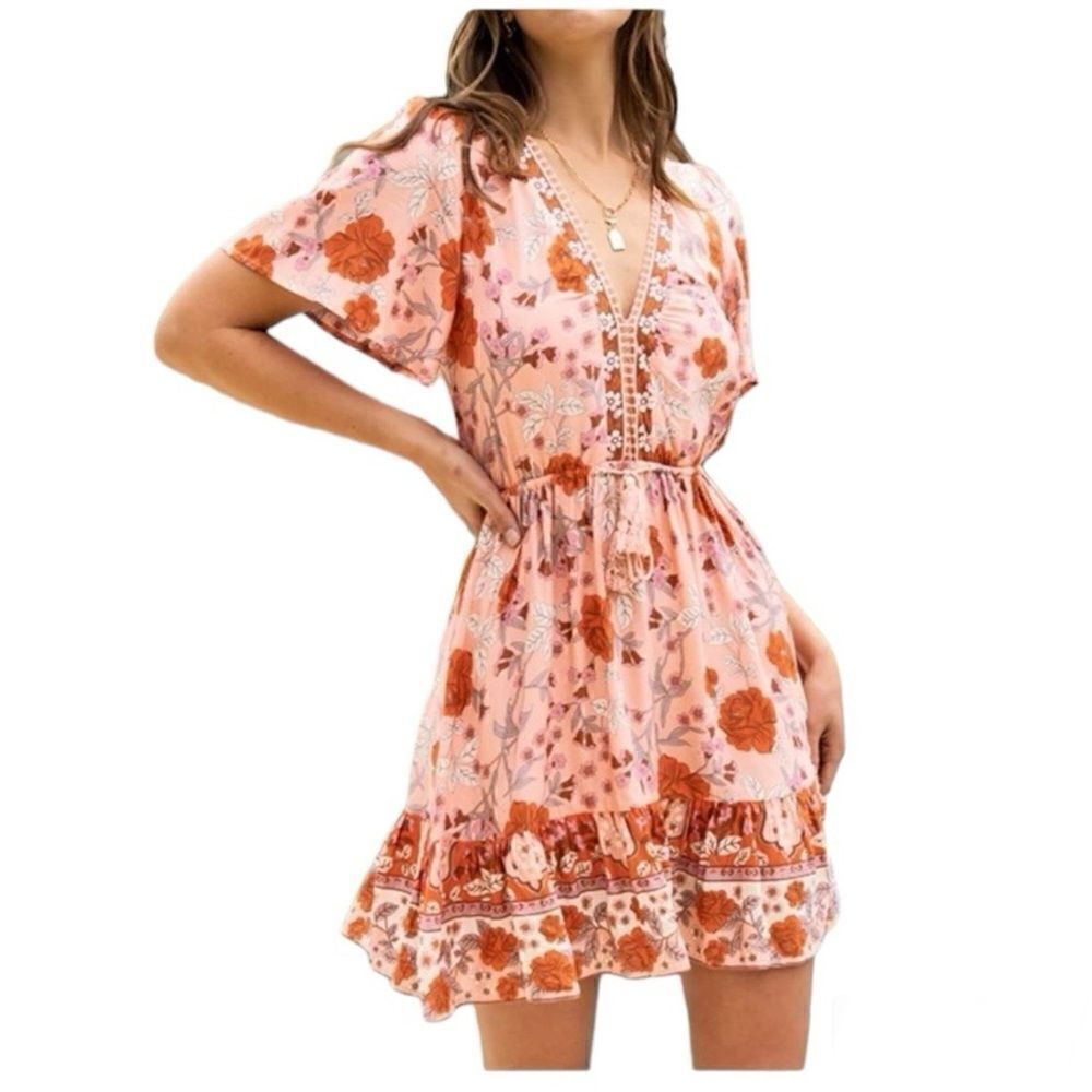 LEANI  V Neck Bohemian Floral Print Mini Dress Short Sleeve Ruffle | size S